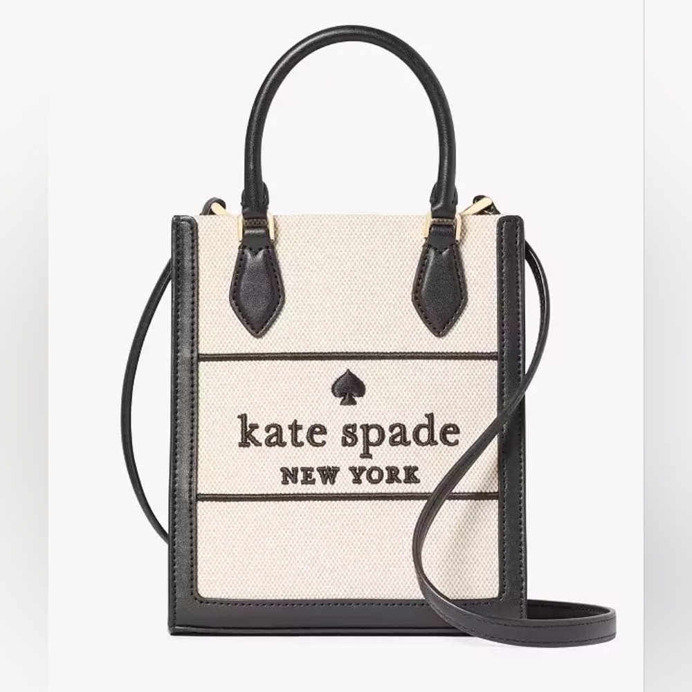 Kate Spade NWT Ellie Canvas Mini Tote Black & Cream With Crossbody Strap